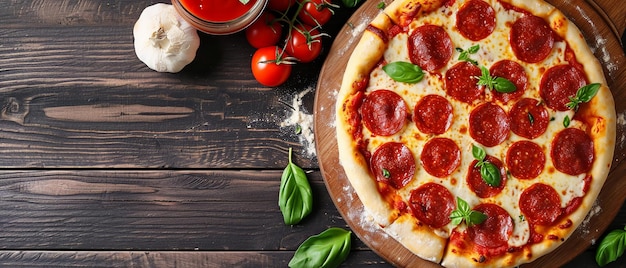 Ingredientes de pizza de pepperoni em casca de pizza de madeira