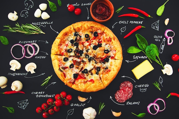 Ingredientes de pizza e nomes de produtos escritos em giz sobre um fundo preto