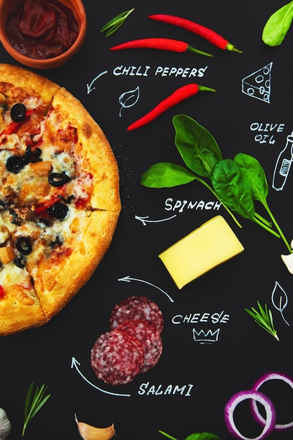 Ingredientes de pizza e nomes de produtos escritos em giz sobre um fundo preto