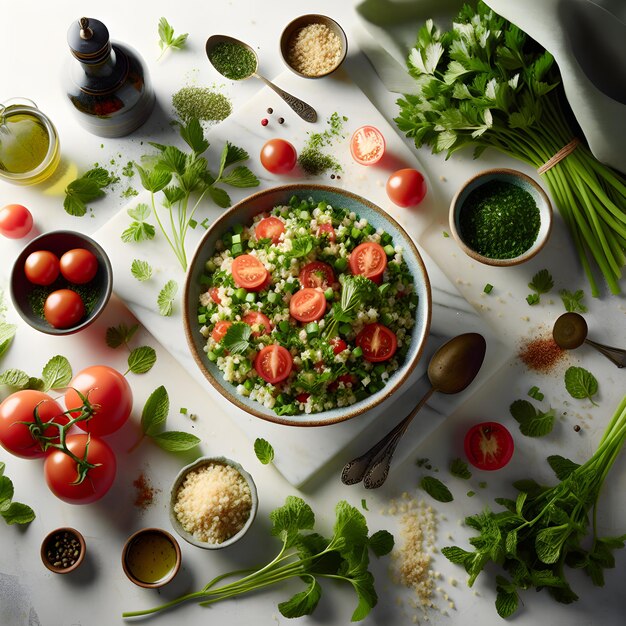 Ingredientes de Tabbouleh no balcão da cozinha de mármore