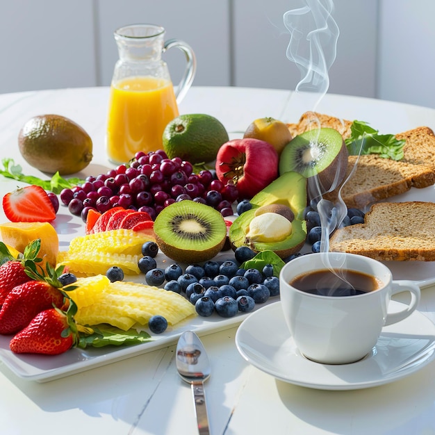 Ingredientes de desayuno coloridos y sabrosos en una mesa blanca