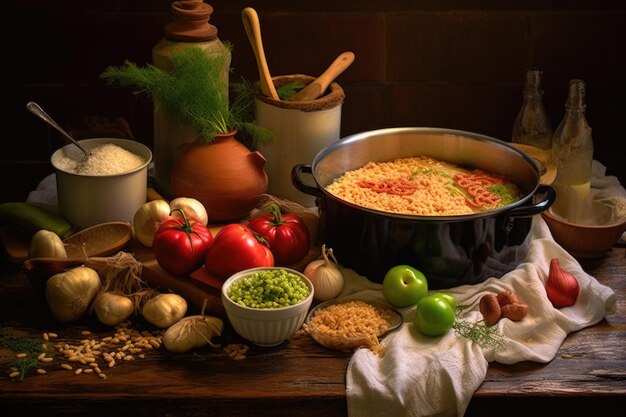 Foto ingredientes e utensílios para preparação de jambalaya criados com ai generativa