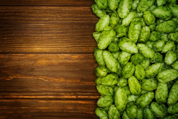 Ingredientes para la elaboración de la cerveza conos de lúpulo verde en una mesa de madera