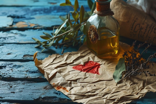 Foto ingredientes del elixir del amor un símbolo del corazón botella de hierbas y pergamino en una naturaleza muerta romántica que alude a la creación de un elixir del amor