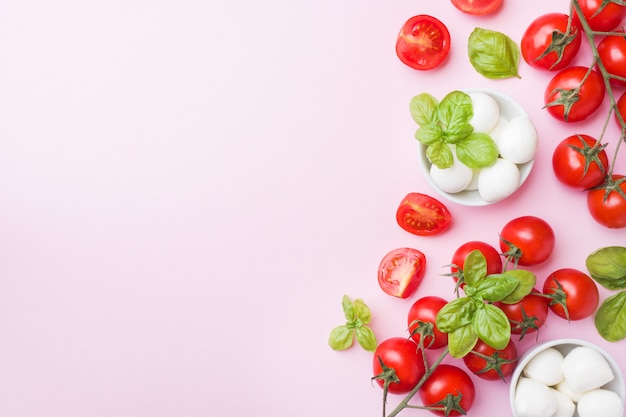 Los ingredientes para una ensalada caprese. Albahaca, bolas de mozzarella y tomates con copia espacio.