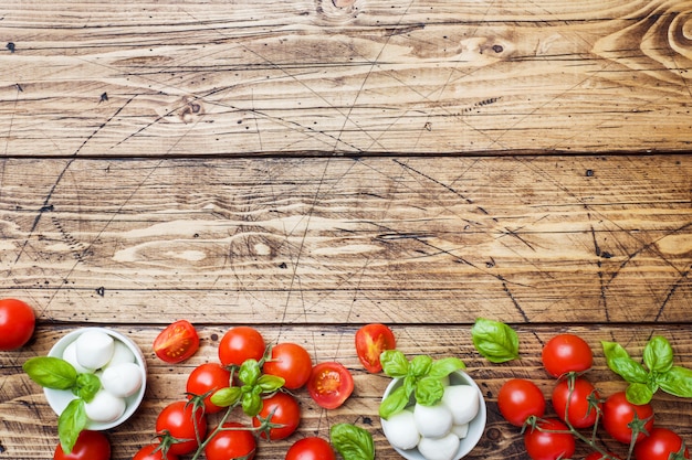 Los ingredientes para una ensalada caprese. Albahaca, bolas de mozzarella y tomates con copia espacio.