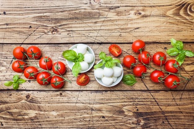 Los ingredientes para una ensalada caprese. Albahaca, bolas de mozzarella y tomates con copia espacio.