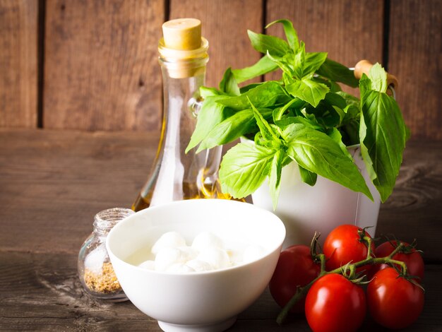 Ingredientes para ensalada caprese sobre pared de madera, comida italiana
