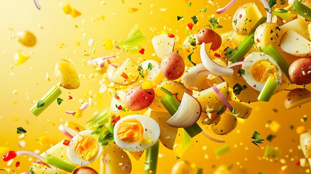 Foto ingredientes de ensalada de patatas flotantes en un fondo amarillo brillante patatas frescas, apio crujiente, cebollas picadas, huevos duros