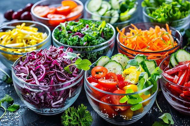 Foto ingredientes para ensalada de verduras personas pequeñas cocinando verduras de ensalada para una comida saludable