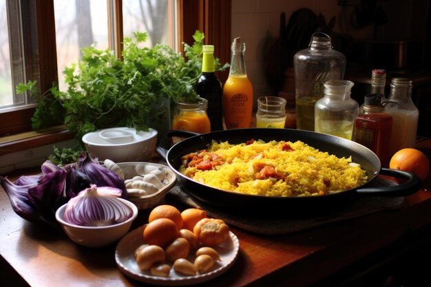 Foto ingredientes frescos espalhados para paella vegetais de arroz azafrão