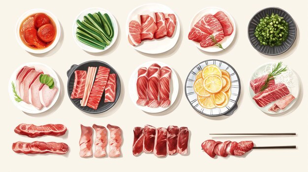 Foto ingredientes frescos variados para uma refeição gourmet exibidos cuidadosamente vários cortes de carnes cruas vegetais frescos