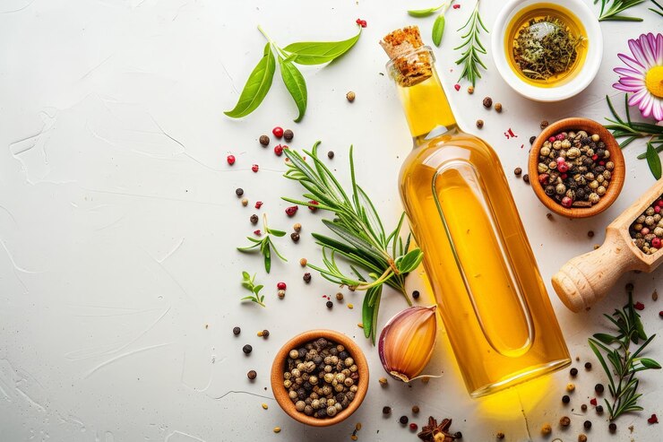 Ingredientes gourmet Flatlay Vista superior del aceite de oliva Hierbas y especias frescas en superficie de hormigón para concepto culinario