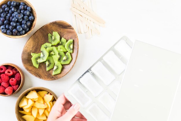 Ingredientes para hacer paletas de fruta fresca con jugo de manzana.