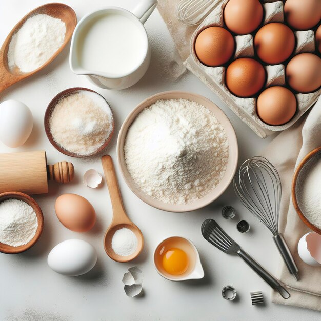 Ingredientes de horneado en la mesa blanca Harina azúcar huevos y utensilios Vista superior con espacio de copia