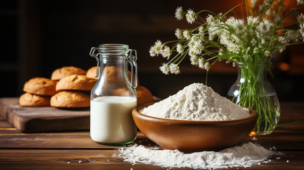 Ingredientes para hornear en la cocina en la mesa de madera Concepto de cocina