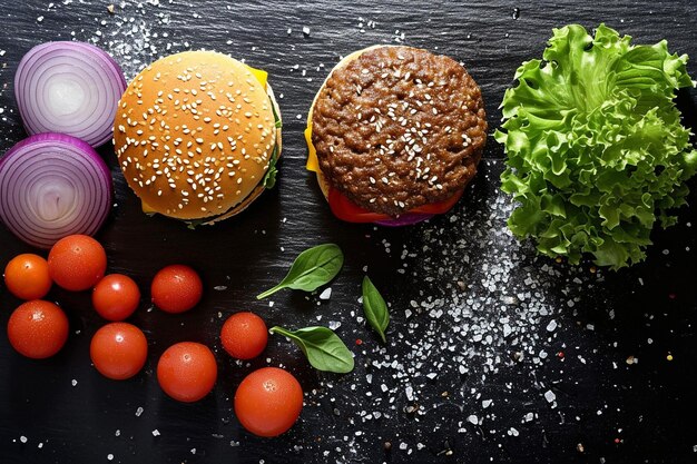 Foto ingredientes mágicos de hamburguesa en el medio de r