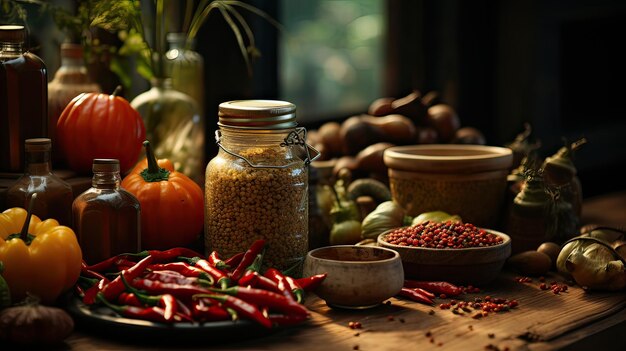 ingredientes na cozinha com maslas ao redor