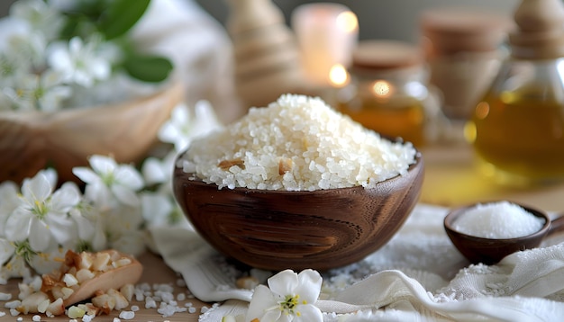 Foto ingredientes naturais exfoliante caseiro de sal marinho para o corpo com azeite de oliva, mel, leite e toalha branca