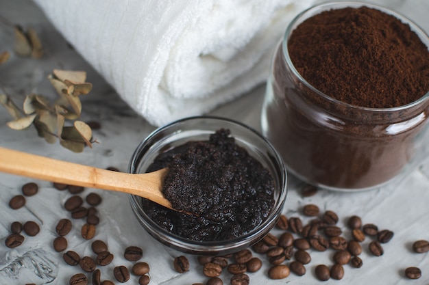 Ingredientes naturales para el cuerpo casero Café Exfoliante de azúcar Belleza SPA Concepto Cuidado corporal