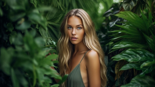 Ingredientes naturales en el cuidado de la piel hermosa mujer joven con plantas verdes Imagen generativa de IA