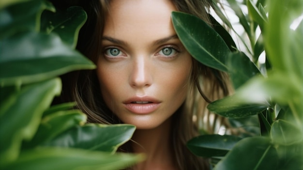 Ingredientes naturales en el cuidado de la piel hermosa mujer joven con plantas verdes Imagen generativa de IA
