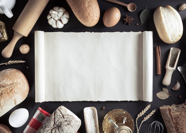 Ingredientes de pan y panadería sobre fondo de madera