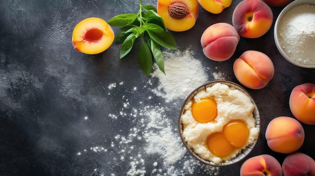 Foto ingredientes para assar com pêssegos numa superfície escura