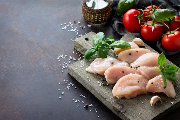Ingredientes para cozinhar carne de frango fresca em uma tábua e tomates de alho Copiar espaço