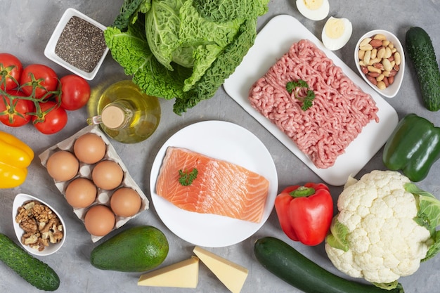 Ingredientes para dieta cetogênica Alimentação saudável dieta gorduras e proteínas boas