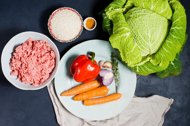 Ingredientes para o repolho de Savoy enchido com carne e vegetais.