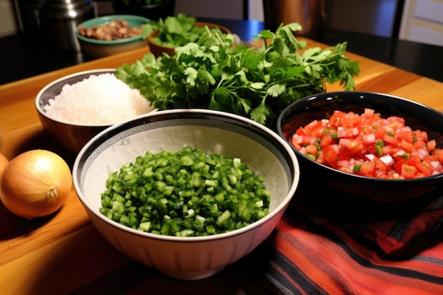 Ingredientes de pico de gallo en cuencos separados listos para mezclar