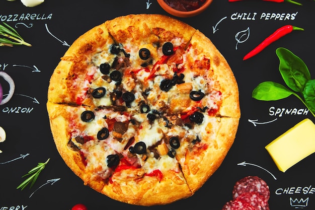 Ingredientes de pizza y nombres de productos escritos con tiza sobre un fondo negro Receta del menú Banner