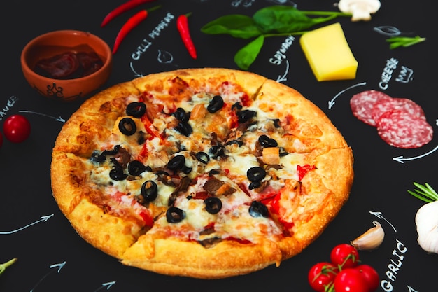 Ingredientes de pizza y nombres de productos escritos con tiza sobre un fondo negro