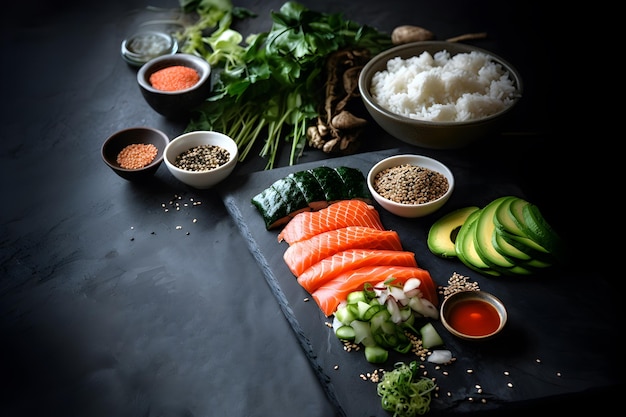 Ingredientes preparados para cozinhar rolos de comida asiática ou sushi de perto em fundo preto Foco seletivo Conceito de comida asiatica Gerado ai