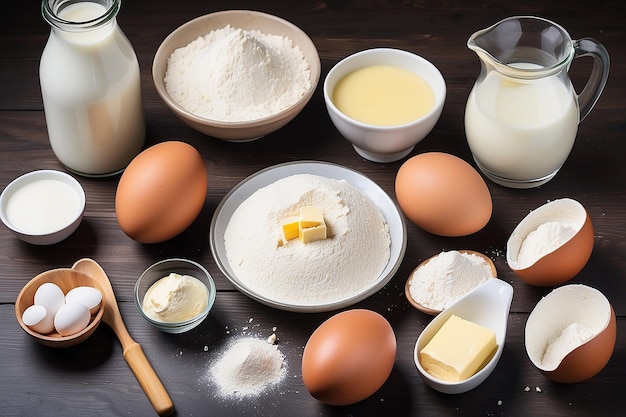 Ingredientes para preparar el pastel Harina de trigo huevos mantequilla y leche