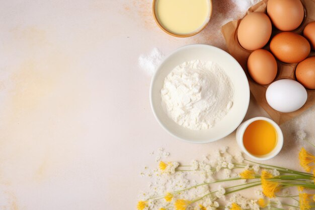 Ingredientes para productos de panadería Harina con flores huevos pan y mantequilla