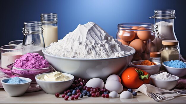 Los ingredientes que caen de la tarta o el pastel en el generativo blanco Ai