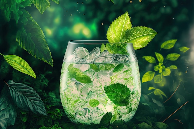 Los ingredientes para una refrescante ginebra y tónico o mojito incluyendo hielo de jugo de limón de menta fresca