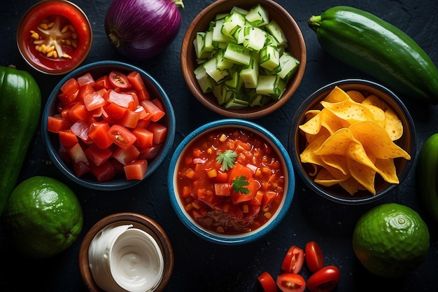 Ingredientes de salsa de colores sobre un fondo oscuro