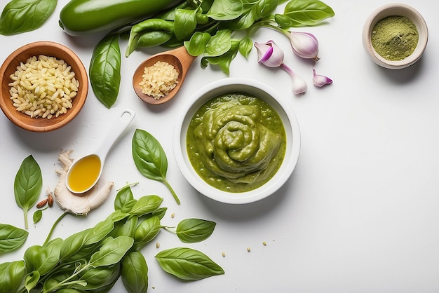 Ingredientes de salsa de pesto y utensilios de cocina en mesa blanca aislados en verde