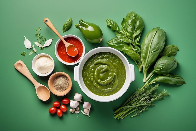 Ingredientes de salsa de pesto y utensilios de cocina en mesa blanca aislados en verde