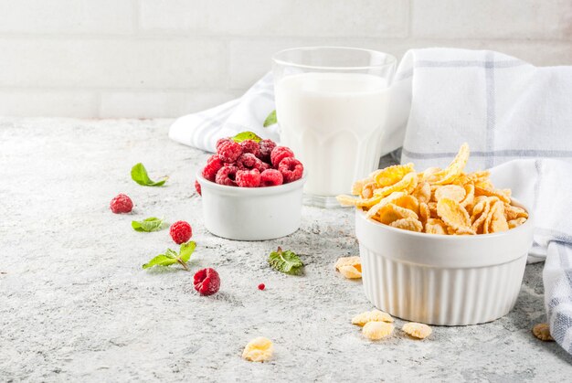 Ingredientes saludables para el desayuno. Desayuno copos de cereales leche o yogur frambuesas de vidrio y menta sobre fondo de piedra gris