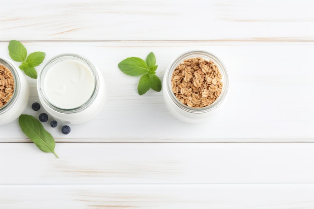 Ingredientes saludables para el desayuno Jarro de vidrio de granola casero yogur o botella de leche arándanos