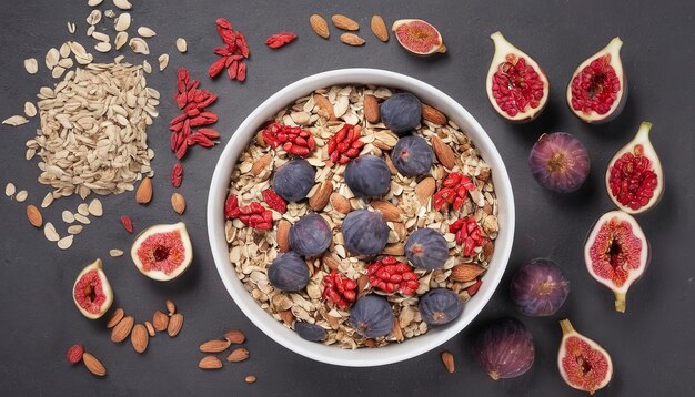 Ingredientes saludables para el desayuno Muesli bayas de goji bayas frescas higos y nueces