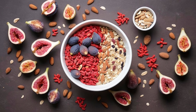 Ingredientes saludables para el desayuno Muesli bayas de goji bayas frescas higos y nueces