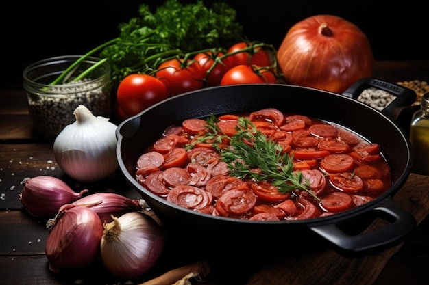 Ingredientes para sopa de cebolla y salchichas cocidas en salsa de tomate en una sartén negra sobre una mesa de madera