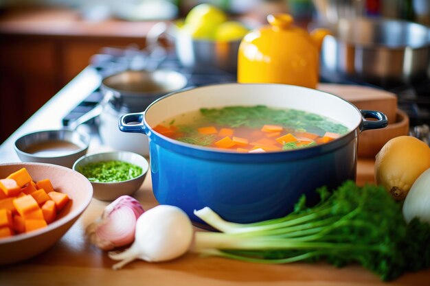 Foto ingredientes de la sopa detox alrededor de una olla lista para la demostración de cocina