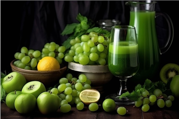 Ingredientes verdes para batidos en una mesa de madera Concepto de dieta de desintoxicación