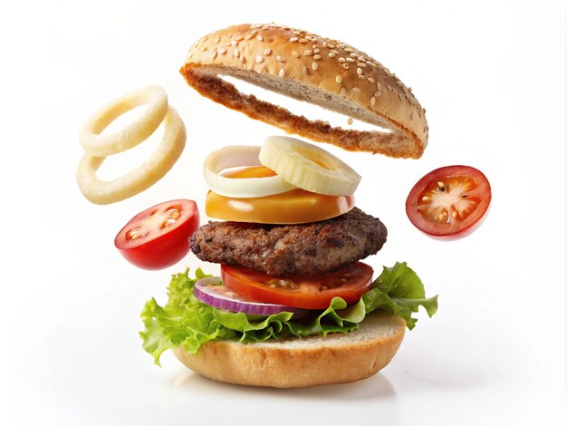 Ingredientes voadores de um hambúrguer de queijo, pão de gergelim, anéis de cebola, fatias de tomate em fundo branco